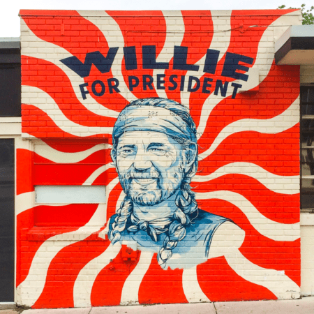 Red mural of braided man with "For President Red mural of braided man with "For President