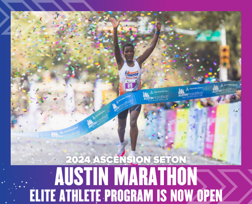 Runner crossing Austin Marathon finish line
