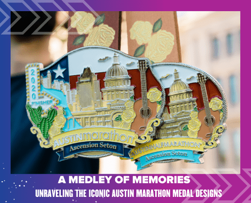 Austin Marathon medals featuring guitar and Capitol dome