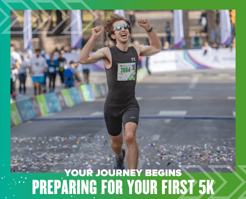 Runner celebrating crossing 5K finish line