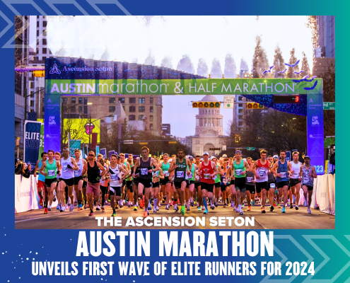 Austin Marathon runners starting beneath green start banner