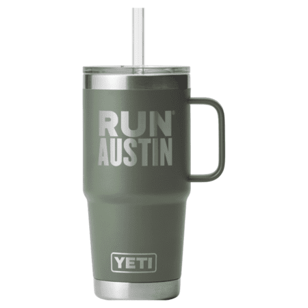Green YETI tumbler with RUN AUSTIN