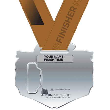 Silver Austin Marathon finisher medal with ribbon