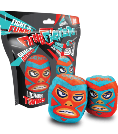 Two blue and red luchador plush twins