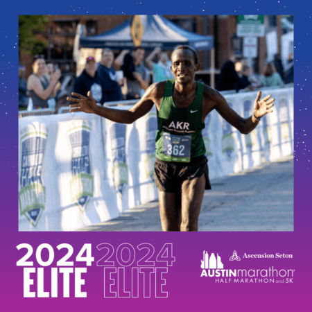 Elite runner crossing Austin Marathon finish line