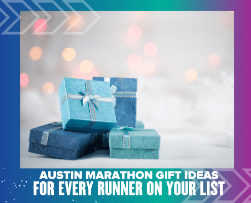 Blue gift boxes with 'Austin Marathon' text