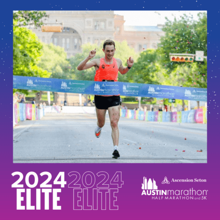 Elite runner crossing Austin Marathon finish line