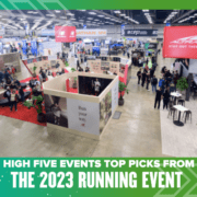 Indoor running expo with booths and attendees