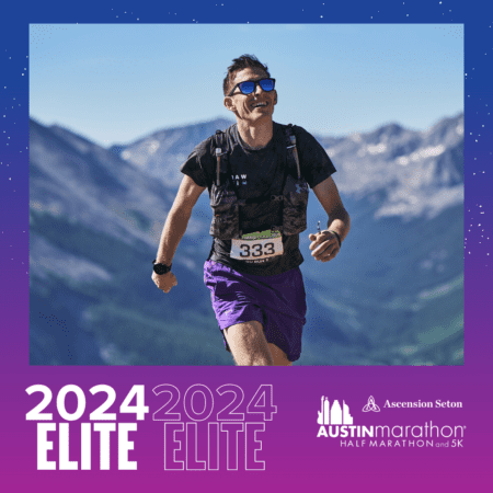 Austin Marathon elite runner smiling in mountains