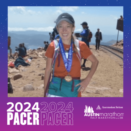 Austin Marathon pacer smiling with medals