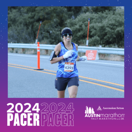 Smiling pacer running in 2024 Austin Marathon