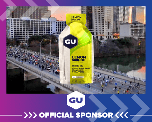 GU Lemon Sublime gel over city marathon runners