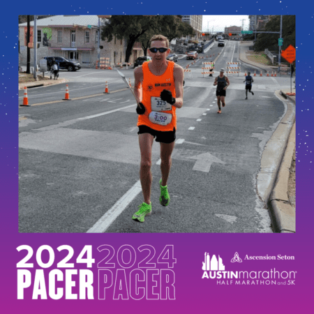 Pacer runner in orange vest and neon shoes