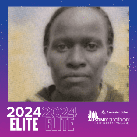 Monochrome runner headshot with 2024 marathon logo