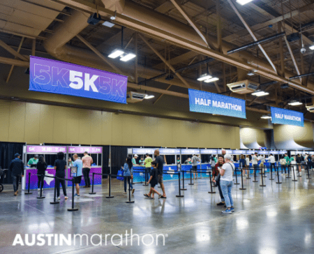 Austin Marathon expo showing 5K and half-marathon