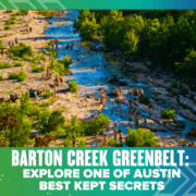 Swimmers on sunlit rocks at Barton Creek Greenbelt