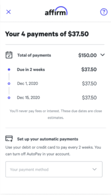 A screenshot showing a payment schedule from Affirm. The total amount is $150, to be paid in four installments of $37.50 each. Payments are due on Dec 1, 2020, Dec 1, 2020, and Dec 15, 2020. The image prompts users to register for automatic payments using their debit or credit card instead of checks.
Austin Marathon Half Marathon & 5K A screenshot showing a payment schedule from Affirm. The total amount is $150, to be paid in four installments of $37.50 each. Payments are due on Dec 1, 2020, Dec 1, 2020, and Dec 15, 2020. The image prompts users to register for automatic payments using their debit or credit card instead of checks.
Austin Marathon Half Marathon & 5K