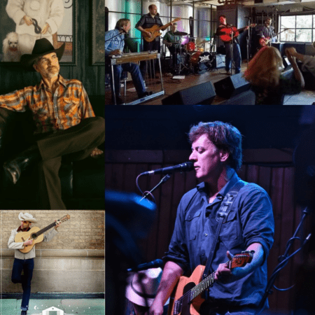 A collage of images showcasing musicians performing on South Congress. The top left image features a man indoors, wearing a hat and a plaid shirt. The top right shows a band onstage near local shops and eats. The bottom left captures a man playing guitar outdoors, while the bottom right shows a singer-guitarist at a venue. Austin Marathon Half Marathon & 5K