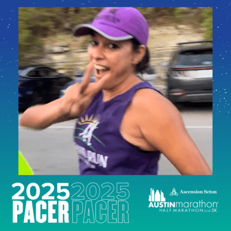 A smiling woman in a purple cap and running gear is mid-stride, holding up a peace sign. She is participating in the Austin Marathon 2025 as part of the Pacer Group. The image is framed with a teal border indicating "2025 PACER" and "Austin Marathon Half Marathon and 5K" at the bottom. Austin Marathon Half Marathon & 5K A smiling woman in a purple cap and running gear is mid-stride, holding up a peace sign. She is participating in the Austin Marathon 2025 as part of the Pacer Group. The image is framed with a teal border indicating "2025 PACER" and "Austin Marathon Half Marathon and 5K" at the bottom. Austin Marathon Half Marathon & 5K