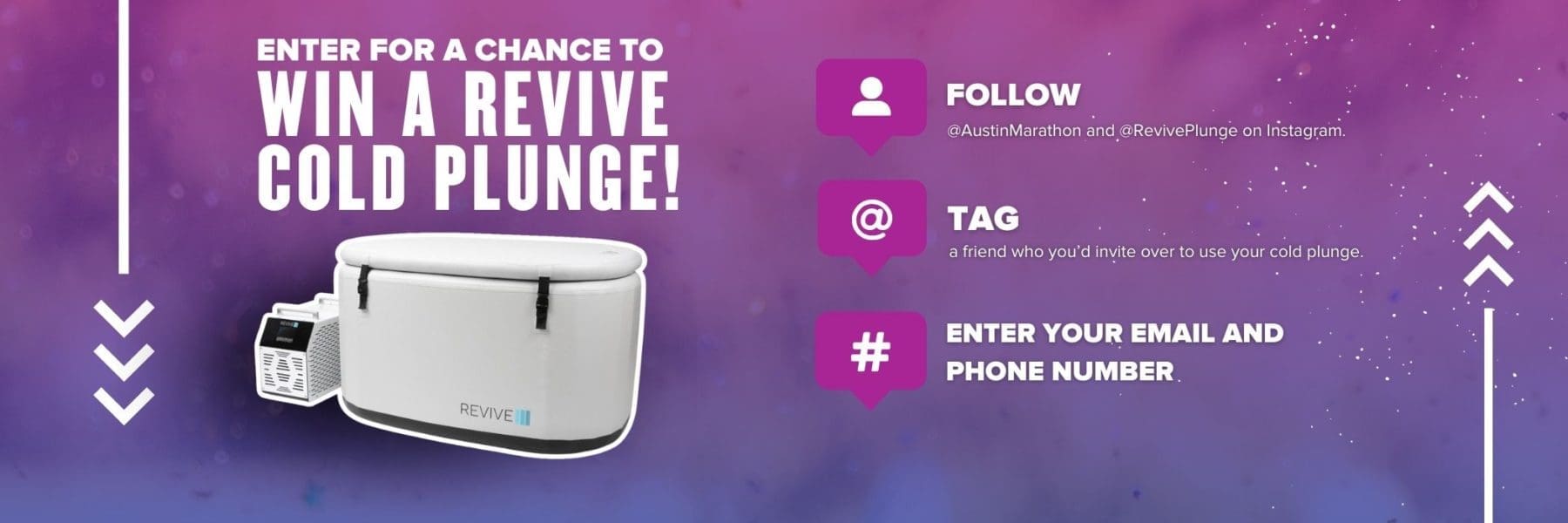 Get ready for the ultimate chill with our Cold Plunge Giveaway! Featuring a sleek Revive tub against a vibrant purple and pink backdrop, it's your chance to refresh. Just follow us on Instagram, tag a friend, and share your email and phone number. Dive into this Mayfair Austin treat today! Austin Marathon Half Marathon & 5K Get ready for the ultimate chill with our Cold Plunge Giveaway! Featuring a sleek Revive tub against a vibrant purple and pink backdrop, it's your chance to refresh. Just follow us on Instagram, tag a friend, and share your email and phone number. Dive into this Mayfair Austin treat today! Austin Marathon Half Marathon & 5K