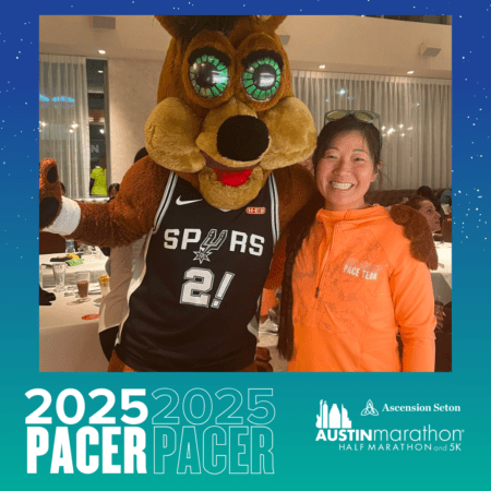 A woman smiles while posing with a person in a mascot costume wearing a Spurs jersey. The image, framed by a graphic for the 2025 Austin Marathon and 5K, showcases the text "2025 PACER" alongside the Ascension Seton logo, highlighting proud support from Pacer Group. Austin Marathon Half Marathon & 5K A woman smiles while posing with a person in a mascot costume wearing a Spurs jersey. The image, framed by a graphic for the 2025 Austin Marathon and 5K, showcases the text "2025 PACER" alongside the Ascension Seton logo, highlighting proud support from Pacer Group. Austin Marathon Half Marathon & 5K