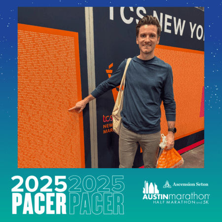 A man stands smiling and pointing at a large wall filled with text, representing the enthusiastic spirit of the Pacer Group. He holds an orange bag in his other hand as graphics promote the 2025 Austin Marathon and events, all set against a vibrant teal and orange color scheme. Austin Marathon Half Marathon & 5K A man stands smiling and pointing at a large wall filled with text, representing the enthusiastic spirit of the Pacer Group. He holds an orange bag in his other hand as graphics promote the 2025 Austin Marathon and events, all set against a vibrant teal and orange color scheme. Austin Marathon Half Marathon & 5K
