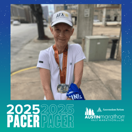 An athlete grins triumphantly, holding a medal and donning a cap and race bib. The urban street backdrop highlights the "2025 PACER" alongside Austin Marathon branding, inviting you to meet the Pacer Group. Austin Marathon Half Marathon & 5K An athlete grins triumphantly, holding a medal and donning a cap and race bib. The urban street backdrop highlights the "2025 PACER" alongside Austin Marathon branding, inviting you to meet the Pacer Group. Austin Marathon Half Marathon & 5K