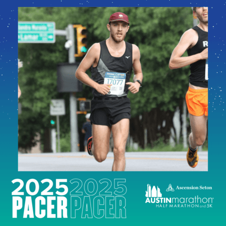 A pacer, wearing a maroon cap and black athletic gear, strides forward during a marathon. Race bib number 17077 is visible. A blurred backdrop of greenery and street signs adds depth. The frame features "2025 PACER," "Pacer Group," and "Austin Marathon Half Marathon and 5K" logos. Austin Marathon Half Marathon & 5K A pacer, wearing a maroon cap and black athletic gear, strides forward during a marathon. Race bib number 17077 is visible. A blurred backdrop of greenery and street signs adds depth. The frame features "2025 PACER," "Pacer Group," and "Austin Marathon Half Marathon and 5K" logos. Austin Marathon Half Marathon & 5K