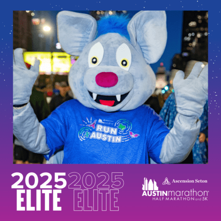 Blue mouse mascot wearing Run Austin shirt Blue mouse mascot wearing Run Austin shirt