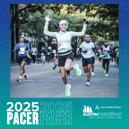 A spirited Pacer Group propels through the 2025 Austin Marathon and 5K, with one runner in the foreground jumping joyfully in mid-air. Clad in a vibrant green long-sleeve top, cap, and sporting bib number "A3807," they embody the excitement of this iconic meet. Austin Marathon Half Marathon & 5K A spirited Pacer Group propels through the 2025 Austin Marathon and 5K, with one runner in the foreground jumping joyfully in mid-air. Clad in a vibrant green long-sleeve top, cap, and sporting bib number "A3807," they embody the excitement of this iconic meet. Austin Marathon Half Marathon & 5K