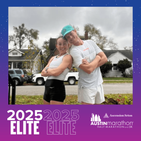 Two runners posing with Austin Marathon overlay Two runners posing with Austin Marathon overlay