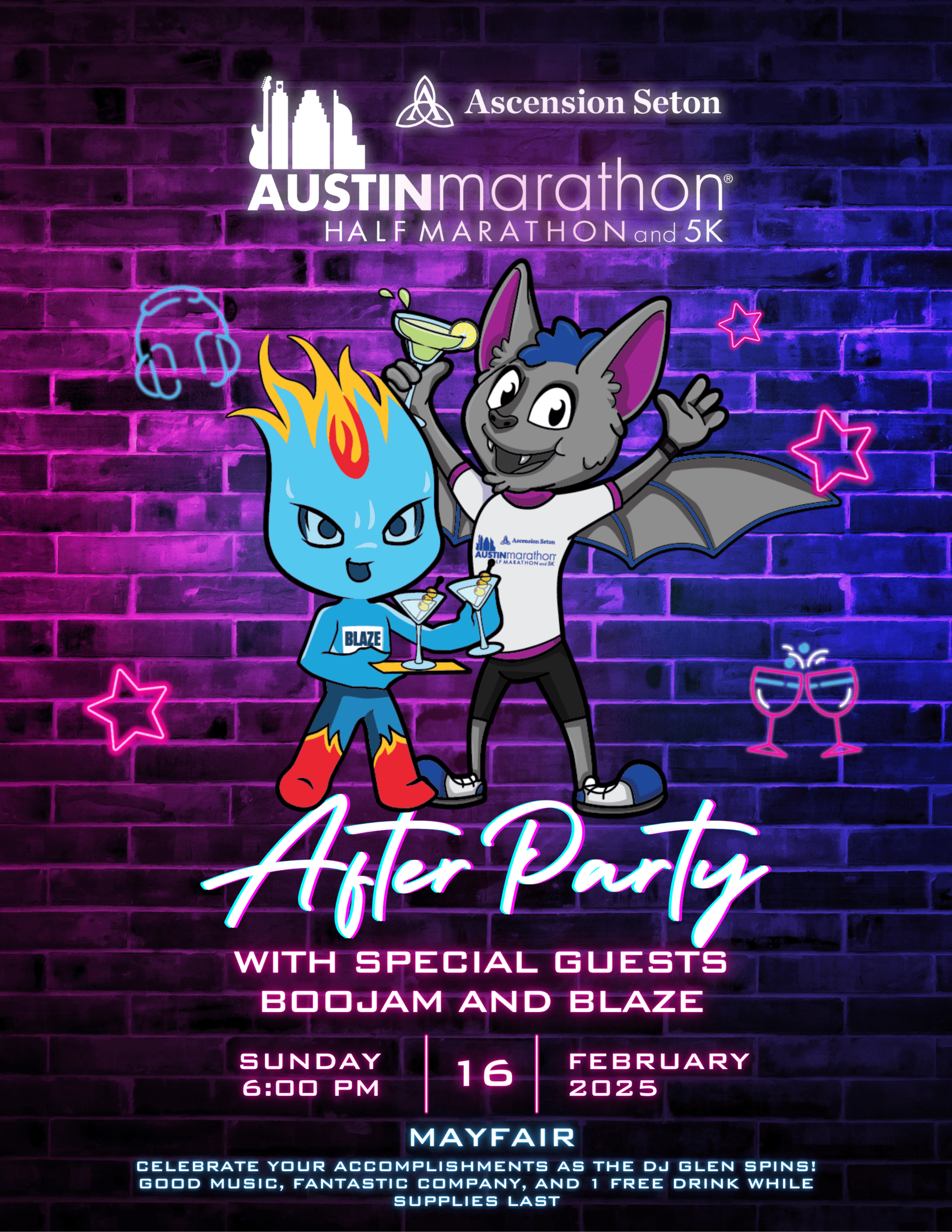 Austin Marathon after-party mascots Blaze and Boojam Austin Marathon after-party mascots Blaze and Boojam