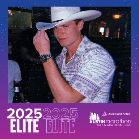 Man tipping cowboy hat with Austin Marathon branding Man tipping cowboy hat with Austin Marathon branding