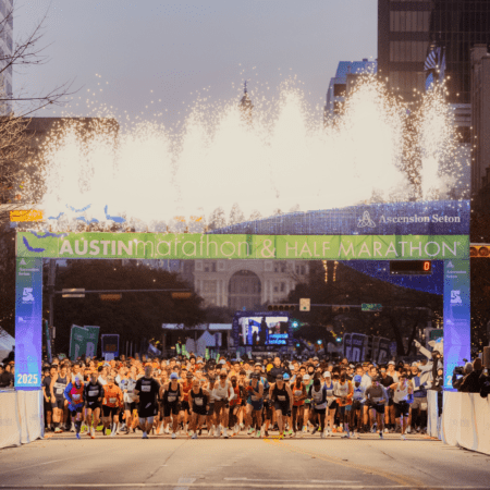 Austin Marathon starting line with fireworks Austin Marathon starting line with fireworks