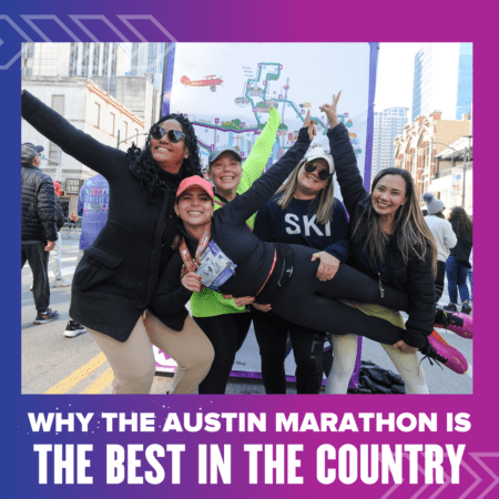 Group of smiling women posing at Austin Marathon Group of smiling women posing at Austin Marathon
