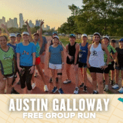 A diverse group of smiling runners pose together on a track at sunset with the Austin skyline in the background. Text on the image reads: "Austin Galloway free group run. Austin Marathon Half Marathon & 5K