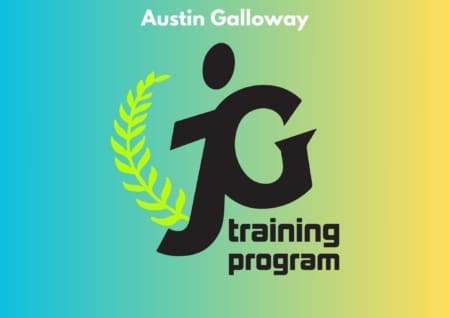 Logo for "JG Training Program" with stylized black letters "jg" and a yellow-green laurel branch on a blue-to-yellow gradient. Features "Austin Galloway" at the top in white, perfect for Austin Group Runs or marathon training enthusiasts. Austin Marathon Half Marathon & 5K Logo for "JG Training Program" with stylized black letters "jg" and a yellow-green laurel branch on a blue-to-yellow gradient. Features "Austin Galloway" at the top in white, perfect for Austin Group Runs or marathon training enthusiasts. Austin Marathon Half Marathon & 5K