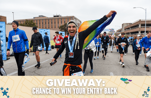 A joyful marathon runner with a rainbow cape and medal celebrates among other finishers. A banner at the bottom reads, "GIVEAWAY: WIN YOUR ENTRY BACK," with playful icons, contest details, and colorful map designs. Austin Marathon Half Marathon & 5K