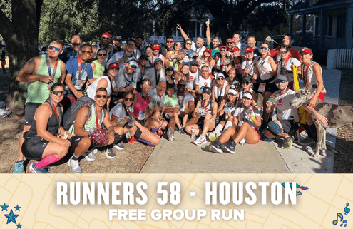 A large, cheerful group of Houston runners poses together outdoors, many wearing medals and colorful athletic gear. A banner below reads: "RUNNERS 58 - HOUSTON FREE GROUP RUN. Austin Marathon Half Marathon & 5K