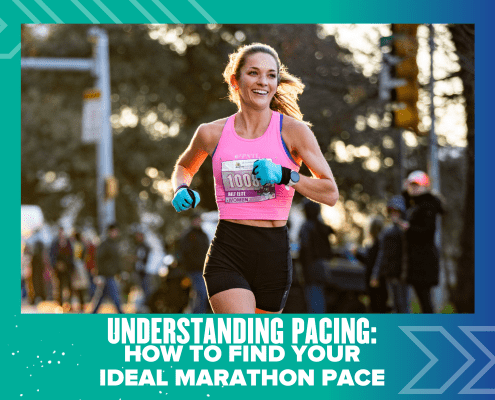 A woman in athletic wear is running a marathon outdoors, smiling confidently. The text reads: "Understanding Pacing: How to Find Your Ideal Marathon Pace." Spectators and trees are visible in the background as she masters her pacing. Austin Marathon Half Marathon & 5K