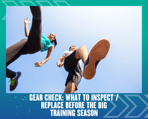 Two runners in athletic wear are seen from a low angle against a blue sky, emphasizing their shoes. The text below reads, "Gear Check: Inspect gear and see what to replace before the big training season. Austin Marathon Half Marathon & 5K