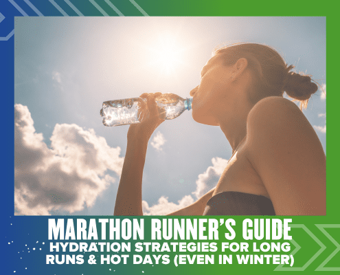 A woman drinks water from a bottle outdoors on a sunny day. Text below reads: "Marathon Runner's Guide: Hydration strategies for long runs & hot days (even in winter). Austin Marathon Half Marathon & 5K