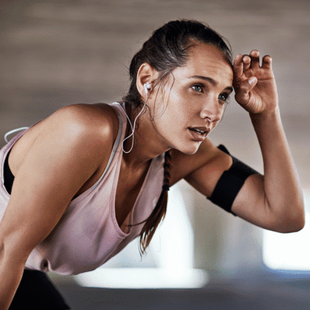 A woman wearing workout clothes and earphones leans forward, wiping sweat from her forehead, looking tired but determined as she overcomes training fatigue after exercising. Austin Marathon Half Marathon & 5K