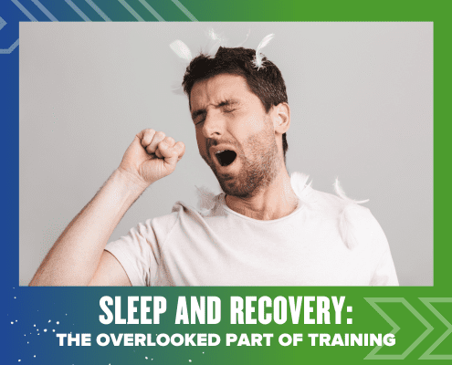 A man yawning with eyes closed and feather pieces in his hair, wearing a white t-shirt. The image is bordered by green and blue with the text: "Sleep and Recovery: The Overlooked Part of Training." Perfect rest boosts your training. Austin Marathon Half Marathon & 5K