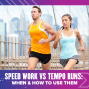 Two runners, a man in an orange tank top and a woman in a light blue tank top, jog on a bridge with a city skyline behind them. Text below reads: "Speed Work vs Tempo Runs: Optimize Your Running Training for Peak Performance. Austin Marathon Half Marathon & 5K