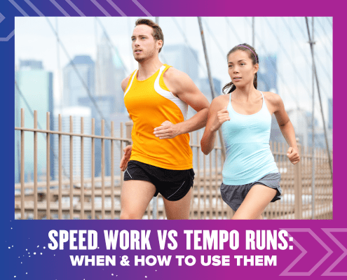 Two runners, a man in an orange tank top and a woman in a light blue tank top, jog on a bridge with a city skyline behind them. Text below reads: "Speed Work vs Tempo Runs: Optimize Your Running Training for Peak Performance. Austin Marathon Half Marathon & 5K