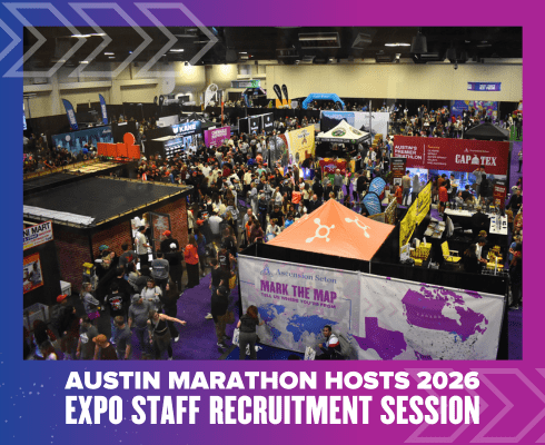 A crowded indoor expo hall with colorful booths and banners. People walk around, interacting. Text over the image reads: “Austin Marathon Hosts 2026 Expo Staff Recruitment Session.” Join the recruitment session for the 2026 Expo staff!. Austin Marathon Half Marathon & 5K