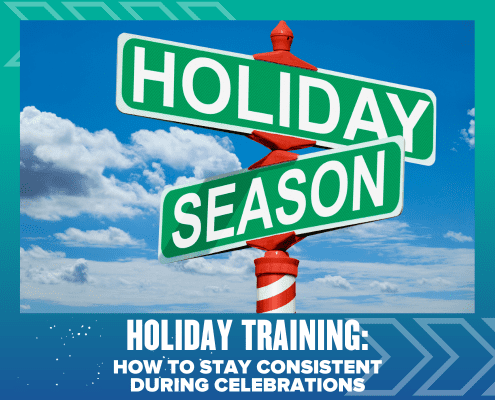 A street sign with "Holiday" and "Season" against a blue sky and clouds, above text that reads: "Holiday Training: How to stay consistent during celebrations." Teal borders and arrow graphics decorate the image. Austin Marathon Half Marathon & 5K