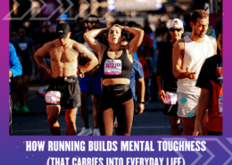 A group of runners, some sweating and catching their breath, walk after a race. In the foreground, a woman stands with her hands on her head, looking tired but determined. Text reads, “How running builds mental toughness for everyday life.”. Austin Marathon Half Marathon & 5K