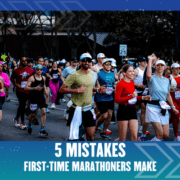A large group of marathon runners, dressed in athletic gear and race bibs, run together on a city street. The image has text that reads: “5 Marathon Mistakes First-Time Marathoners Make. Austin Marathon Half Marathon & 5K A large group of marathon runners, dressed in athletic gear and race bibs, run together on a city street. The image has text that reads: "5 Marathon Mistakes First-Time Marathoners Make. Austin Marathon Half Marathon & 5K